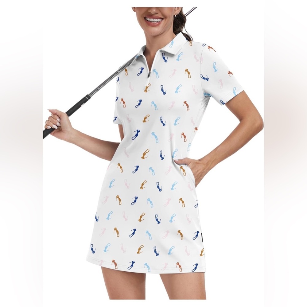 White Golf Polo Dress with Multicolor Player Print